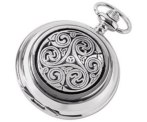 Woodford Mens Celtic Swirl Chrome Plated Double Full Hunter Skeleton Pocket Watch - Silver/Black