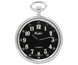 Woodford Mens Chrome Plated Arabic Open Face Mechanical Pocket Watch - Silver/Black