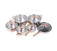 Woodgrain Stainless Steel Pots Pans Set, Kitchen Cookware Set with Ergonomic Handles, Multifunctional Soup Pot and Frying Pan Set for Home Cooking, Glass Lids & Phenolic Plastic