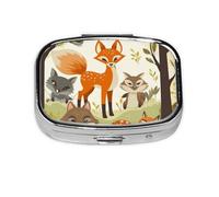 Woodland Animal Print Pill Box Square Pill Case 2 Compartment Small Metal Medicine Organizer Portable Travel Pillbox for Pocket Purse Cute Mini Pill Container to Hold Daily Vitamins