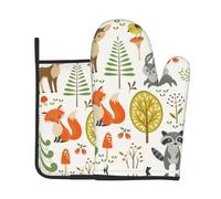 Woodland Animal Printed Insulated Oven Mitts for Grilling, Steaming, and Cooking - 20.5 * 20.5cm with Hanging Storage