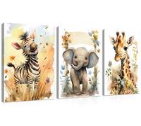 Woodland Animal Wall Art Set of 3, Wild Animals Nursery Picture Wall Decor Canvas, Cute Giraffe Elephant Zebra Watercolor Poster Print Artwork for Boys Girls Room Decoration - 16x24 inch