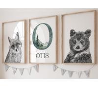 Woodland Animals Set of 3 Unframed Poster Prints with Personalised Name, Baby Boy Girl Nursery Bedroom Wall Art, Forest Woodland Wall Art, Rabbit Deer Fox Bear Owl (A4)