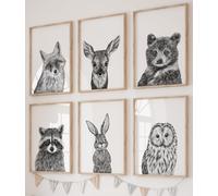 Woodland Animals Set of 6 Unframed Poster Prints For Baby Boy Girl Nursery Bedroom, Woodland Theme Decor, Forest Animal Woodland Wall Art, Rabbit Deer Fox Bear Owl Racoon (A4)