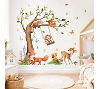 Woodland Animals Wall Stickers for Nursery, Peel and Stick Forest Tree Vinyl Decals with Fox Deer Squirrel and Monkey, Kids Bedroom Playroom Wall Decor in Gift Box