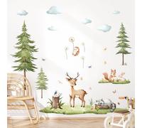 Woodland Animals Wall Stickers Watercolor Pine Tree Lawn Wall Decals Peel and Stick Deer Squirrel Small Animals Wall Art Decor for Kids Bedroom Living Room Nursery Playroom Classroom Wall Decor