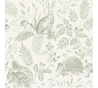 Woodland Animals Wallpaper Sage Greem Nature Forest Animal with Hare Hedgehog Squirrel Botanical Leaf Pattern Rustic Country Style Feature Wall for Living Room Bedroom Hallway Decor