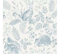 Woodland Animals Wallpaper Soft Blue White Natural Rabbits Trees 10m Roll | Nature Forest Hare Hedgehog Botanical Leaf Pattern Rustic Country Style Feature Wall Living Room Bedroom Hallway Decor