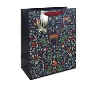 Woodland Christmas Large Navy Gift Bag 33cm - Festive Paper Present Bag with Ribbon Handles & Gold Name Tag