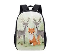 Woodland Creatures 17 Inch Backpack Cute Animal Deer Fox Rabbit Forest Print School Bag for Kids Girls Primary (01)
