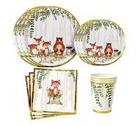 Woodland Creatures Theme Baby Shower & Birthday Party Supplies For Boy or Girl Decorations with plates, napkins and cups of Forest Animal Friends Fox, Deer, Bear, Racoon Tableware Decor Set Serves 24