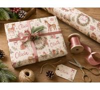 Woodland Deer, Bunny & Robin Gift Wrap with Custom Name - Luxury Rustic Christmas Wrapping Paper - Personalised Christmas Gift Wrap for Girls, Kids & Family (3 Meters)