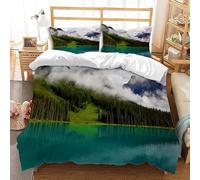 Woodland Double Duvet Cover Sets Lake View Bedding Double Bed Set 3D Print Ultra Soft Microfiber Quilt Cover 200 x 200 with Zipper Closure and 2 Pillowcases E-1181