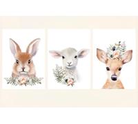Woodland Forest Animals Baby Girl Nursery A4 Bedroom Prints Set Of 3, Pink Floral Fawn Lamb Bunny Wall Art Accessories, Childrens Decor Poster, Unframed