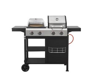 Woodland Grill - Gas BBQ, 4 Burner, Modular Pizza Oven + Plancha, Built In Thermometer, Storage, Tool Hooks, Easy To Move Wheels, 3-In-1 Cooking Appliance To Grill, Bake & Sear - OC01BQ31005
