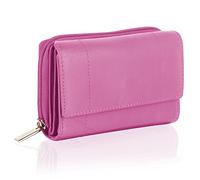 Woodland Leather Women's Small Genuine Leather RFID Blocking Wallet with Zipper Pockets for Cards and Coins, Fuchsia, Minimalist