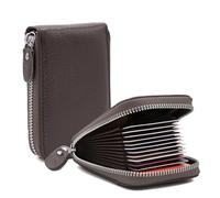 Woodland Leathers Women's RFID Blocking Leather Card Holder Wallet, Genuine Leather Compact Card Holder Purse with Strong Zipper, 14 Slots with Id Pocket Card Wallet Small Purse for Women (Coffee)
