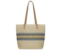Woodland Leathers Women's Straw Shoulder Bag, Medium & Large Summer Beach Tote with Zipper, Durable Leather Handles, Women Holiday Shoulder Bag with Versatile Styles and Colours (Blue Strip)