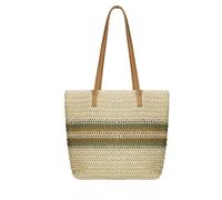 Woodland Leathers Women's Straw Shoulder Bag, Medium & Large Summer Beach Tote with Zipper, Durable Leather Handles, Women Holiday Shoulder Bag with Versatile Styles and Colours (Green Strip)