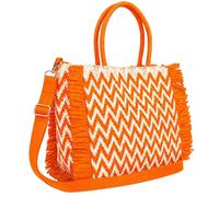 Woodland Leathers Womens Summer Bag, Straw Beach Bag, Large Woven Tote Bag with Raffia Fringe, Boho Chevron Design, Detachable Adjustable Shoulder Strap Holiday Handbag (Orange, Large)