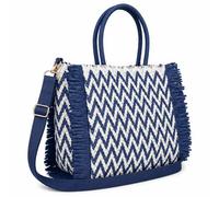 Woodland Leathers Womens Summer Bag, Straw Beach Bag, Large Woven Tote Bag with Raffia Fringe, Boho Chevron Design, Detachable Adjustable Shoulder Strap Holiday Handbag (Blue, Large)