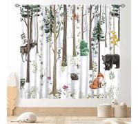 Woodland Nursery Curtains, Rustic Forest Animals Watercolor Wild Safari Animals Bear Fox Deer Lodge Cottage Blackout Window Drape Treaments for Kids Baby Room Bedroom Living Room 2 Panel, 42"x45" Inch