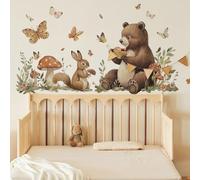 Woodland Nursery Wall Decal, Bear and Bunny with Butterflies and Mushrooms, Brown and Beige, 96.5x53.6cm, Forest Theme