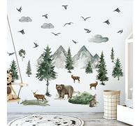 Woodland Nursery Wall Stickers Watercolor Mountain Tree Wall Decal Jungle Trees Animals Wall Decals Sticker DIY Cartoon Deer Bear Wolf Forest Animal Wall Decal for Kids Room Bedroom Nursery Decor