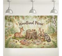 Woodland Picnic Backdrop, Cute Forest Animals Party Decorations, Green Rustic Background for Photography Events, Fall Seasonal Booth Supplies 71x43 Inch