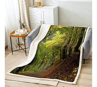Woodland Sherpa Blanket Green Misty Trees Foggy Dreamy Woodland Scene Throw Blanket for Kids Boys Girls Green Brown Fuzzy Blanket for Sofa Bed Couch Luxury Decor Double 60"x79"