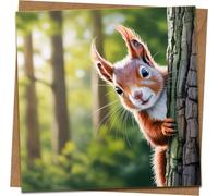 Woodland Squirrel Greeting Card, 145mm x 145mm, Blank Inside - Peeking Red Squirrel Design - Birthday/All Occasion Note Card with Kraft Envelope