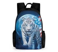 woodlogic Polyester Daypack Backpack for Trekking Picnic Walking Cycling - Large Capacity Anti-Theft Multipurpose Shoulder Bag, American Flag White Tiger Moon Patriotic Art Print Casual Daypack