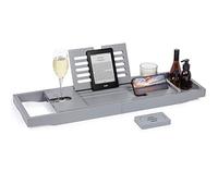 woodluv Bath Tray, Extendable Bath Caddy Trays for Bathtub Accessories with Tablet Phone Slots, Candle Mug/Cup Holder, Bathroom Organiser, Bath trays for across the bath with Soap Holder, Grey