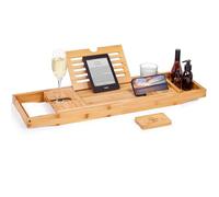Woodluv Bath Tray, Extendable Bath Caddy Trays for Bathtub Accessories with Tablet Phone Slots, Candle Mug/Cup Holder, Bathroom Organiser, Bath trays for across the bath with Soap Holder, Natural Wood