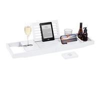 Woodluv Bath Tray, Extendable Bath Caddy Trays for Bathtub Accessories with Tablet Phone Slots, Candle Mug/Cup Holder, Bathroom Organiser, Bath trays for across the bath with Soap Holder, White