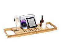 Woodluv Extendable Bath Tray, Bathtub Caddy Tray with Wine Glass, Candle, Book Holder, iPad & Phone Holders, Bathroom Accessories
