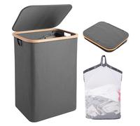 Woodluv Large Collapsible Foldable Laundry Hamper Basket with Lid & Removable Liner, Tall Laundry Hamper with Lid for Dirty Cloth Toys Towels - Grey