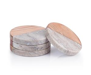 Woodluv Round Coasters Set of 4, Marble & Wooden Coasters Set Non-Slip Coasters for Drinks, Coffee Pads Beer Bar Mat