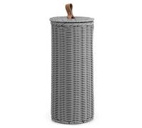 Woodluv Round Handwoven Polypropylene Lidded Toilet Roll Holder, Loo Roll Keeper, Storage Organiser, Storage Basket With Lid, Freestanding Unit, For Home, Bathroom - Grey, Dia. 18cm x 40 cm (H)