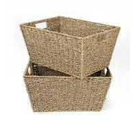 Woodluv Seagrass Storage Basket, Set of 2 Floor Basket/Hamper Basket, Bathroom Storage Baskets for Shelves - Natural Wicker Seagrass Baskets for Storage w/Handles for Bedroom Home