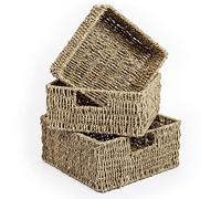 Woodluv Seagrass Storage Baskets Set of 3, Seagrass Baskets for Shelves, Hand-Woven Seagrass Storage Boxes, Display Hamper Basket, Storage Organiser for Bedroom Bathroom Home or Office