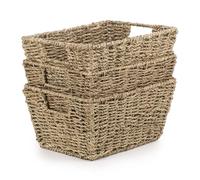 Woodluv Seagrass Woven Wicker Shelf Storage Basket Set, Display Gift Hampers, Set of 3 Handwoven Multi-Purpose Shelves Storage Baskets W/Handles for Bedroom & Home Office