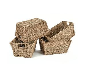 Woodluv Seagrass Woven Wicker Shelf Storage Basket Set, Display Gift Hampers, Set of 4 Handwoven Multi-Purpose Shelves Storage Baskets W/Handles for Bedroom & Home Office