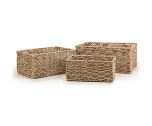 Woodluv Set of 3 Decorative Rectangular Handwoven Natural Seagrass Decor Storage Gift Hamper Display Basket With Inset Handles,Large/Medium/Small