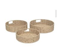 Woodluv Set of 3 Decorative Round Handwoven Paper Rope Serving Decor Storage Jewellery Display Tray With Handles, Extra Large, Large & Medium - Khaki
