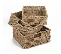 Woodluv Set Of 3 Seagrass Square Hamper Shelf Storage Baskets With Inset Handles