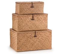 Woodluv Set of 3 Seagrass Storage Box with Lid, Lightweight Woven Basket for Shelves, Lidded Organiser Hamper Baskets, Brown