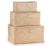 Woodluv Set of 3 Seagrass Storage Box with Lid, Lightweight Woven Basket for Shelves, Lidded Organiser Hamper Baskets, Natural