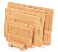 Woodluv Set of 3 Wooden Chopping Board Cutting Board with Stand - Strong, Durable & Hard Wearing Antibacterial Serving Chopping Board with Juice Grooves & Stand