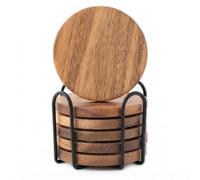 Woodluv Set of 6 Acacia Wood Coasters with Holder, Natural